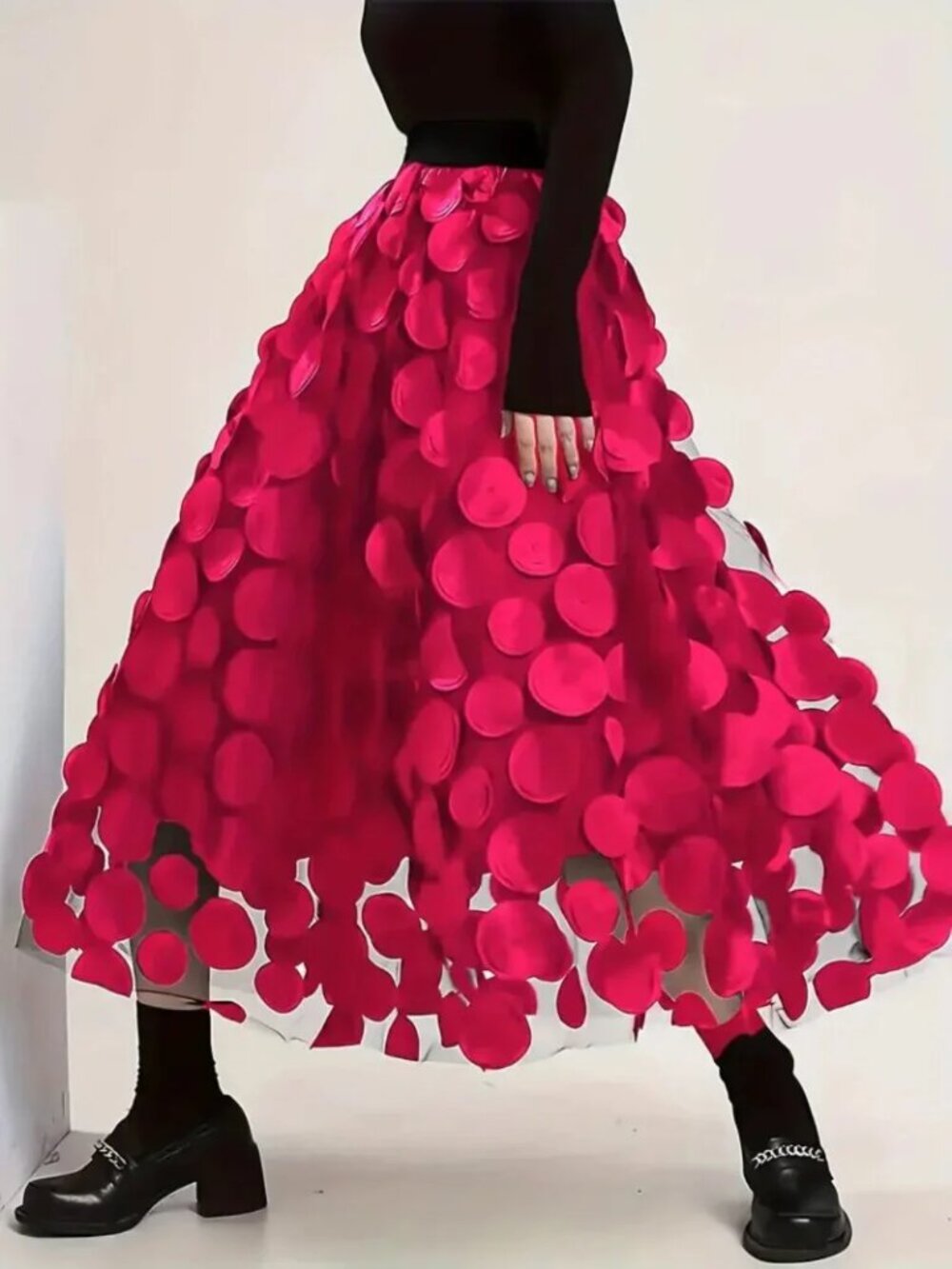 Polka Dot Applique High Waisted Midi Skirt - Picture 2 of 3